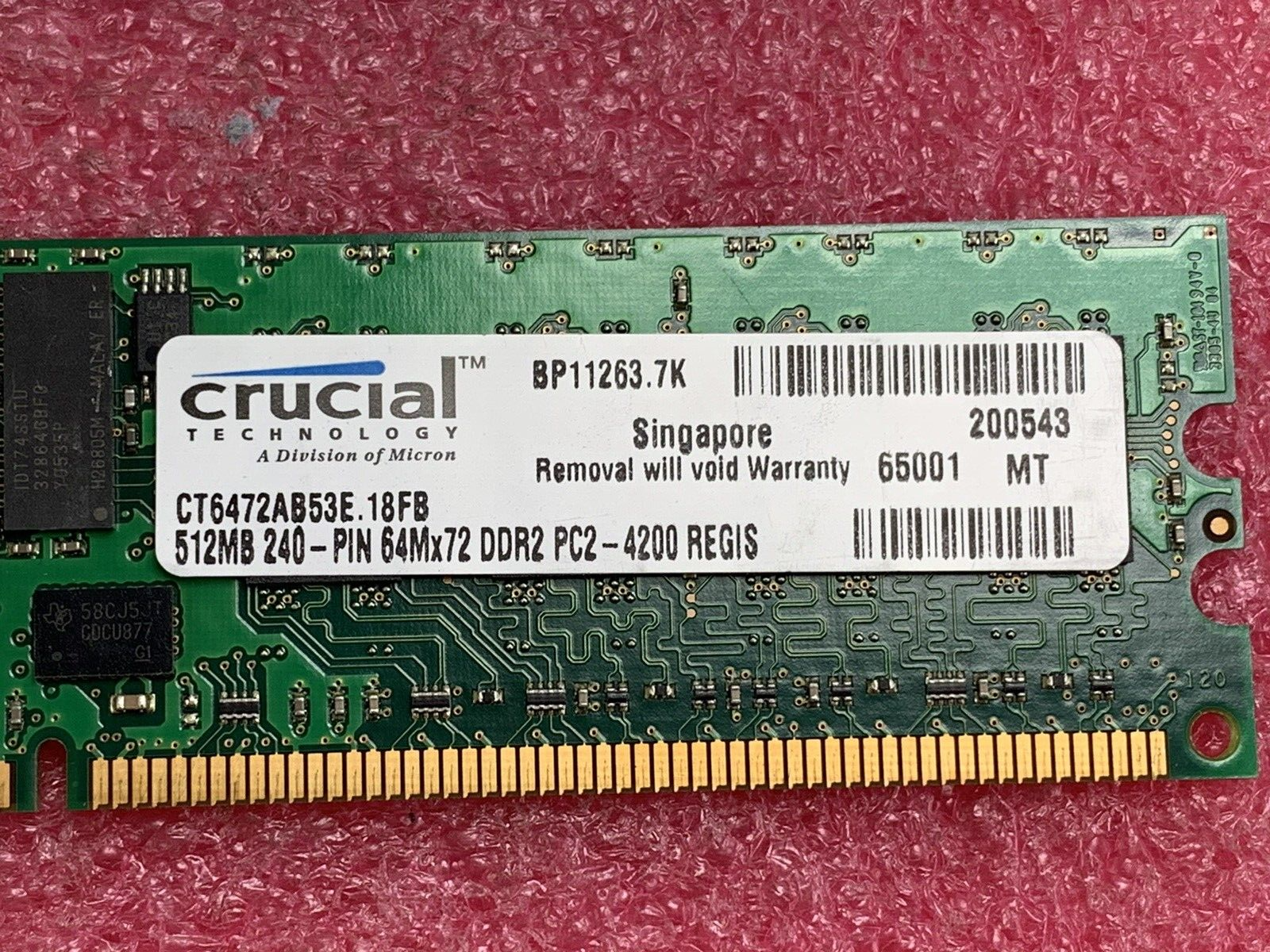 Micron (Lot of 2) 512 1Rx4 PC2-4200R-444-12-C0 Server Ram MT18HTF6472Y-53EB2
