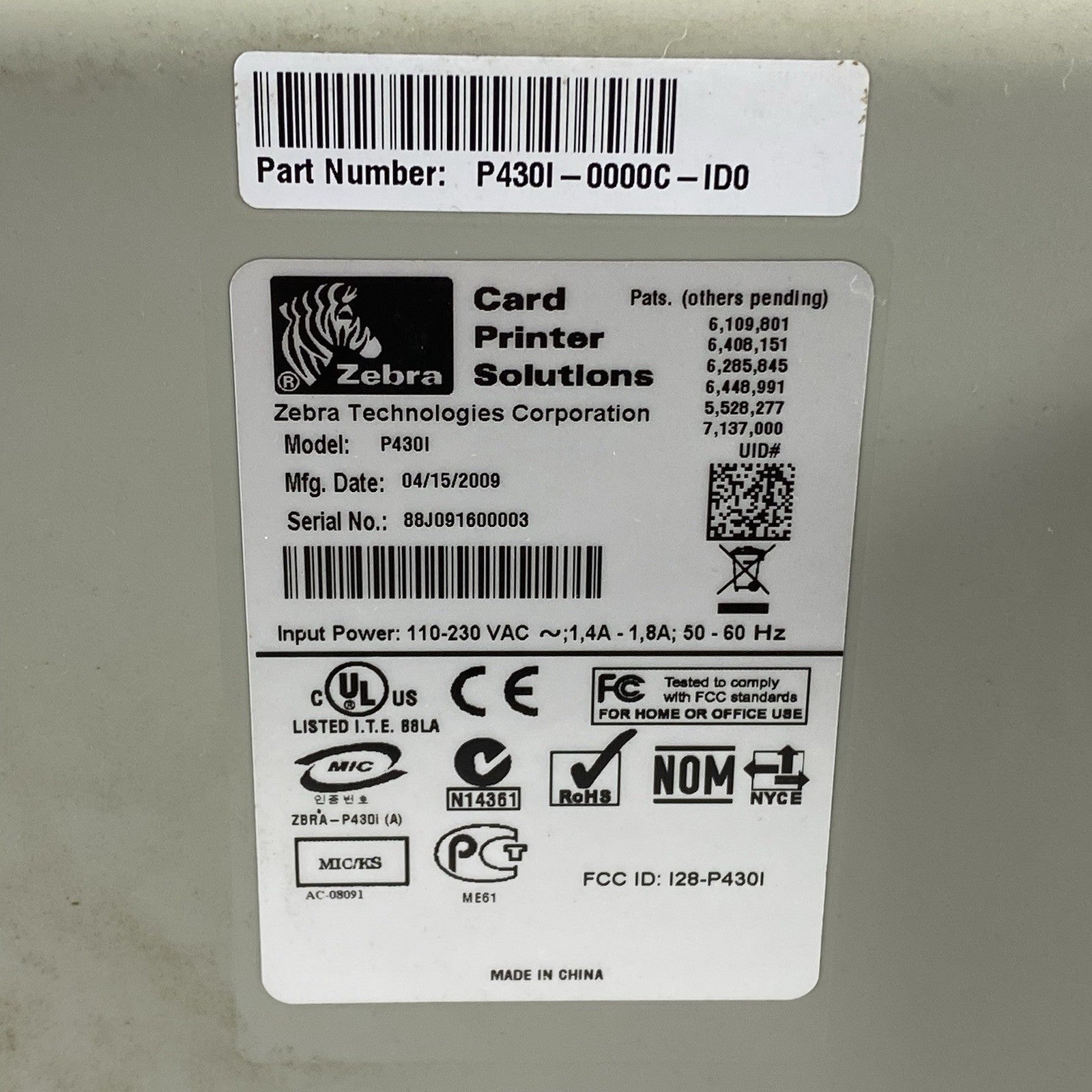 Zebra P430i Dual-Side Color USB ID Card Printer - Parts or Repair