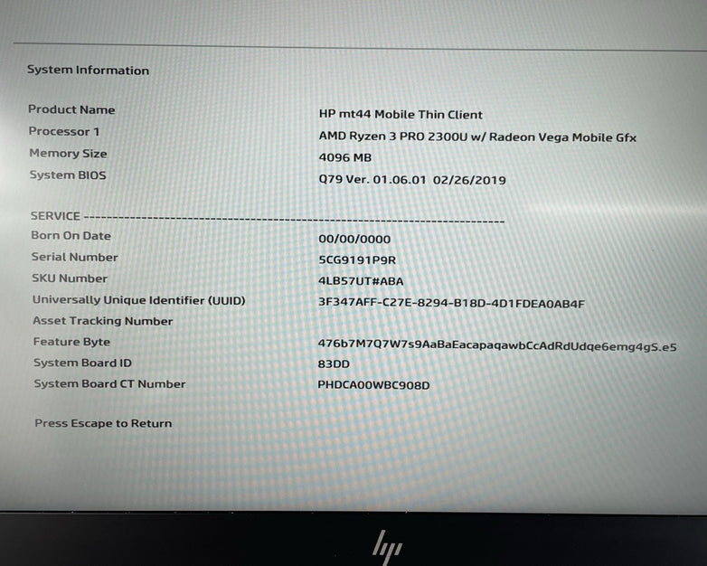 HP mt44 14" Ryzen 3 Pro 2300U 2.00 GHz 4 GB RAM No SSD/OS/AC - READ