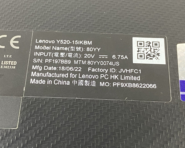 Lenovo Legion Y520-15IKBM 15.6" i7-7700HQ 2.80GHz 16GB RAM RTX 1060 No SSD/OS/AC