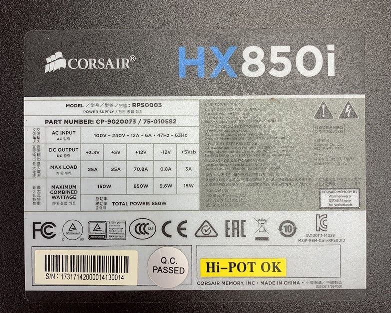 Corsair HX850i RPS0003 850W Power Supply - Missing Cables