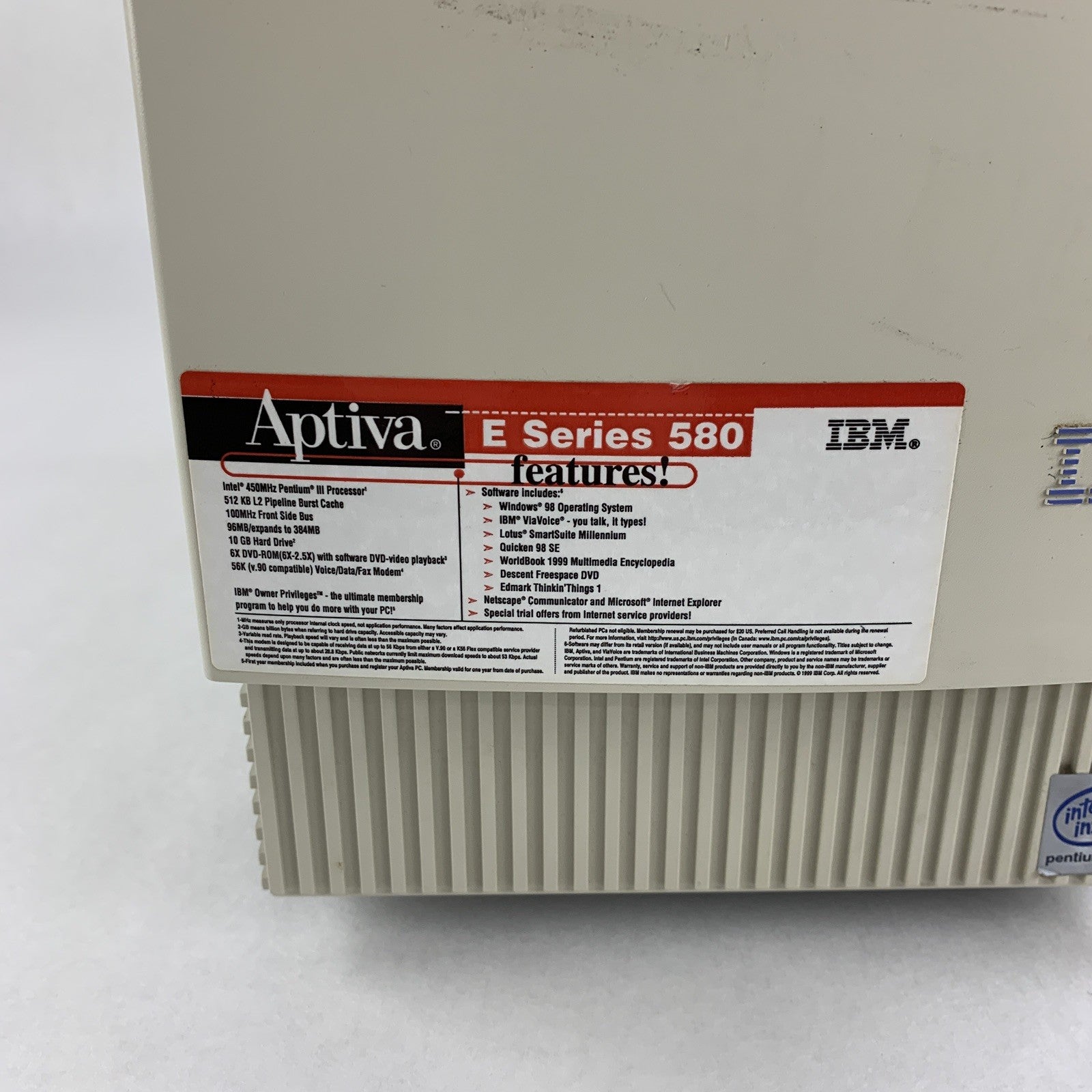 IBM Aptiva E580 Vintage Computer Pentium III 450 MHz 96 MB No OS No HDD