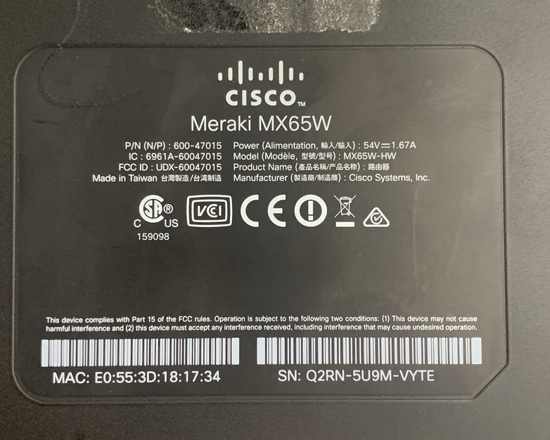 Cisco Meraki MX65W-HW Cloud Managed Security Appliance Tested Unclaimed Reset