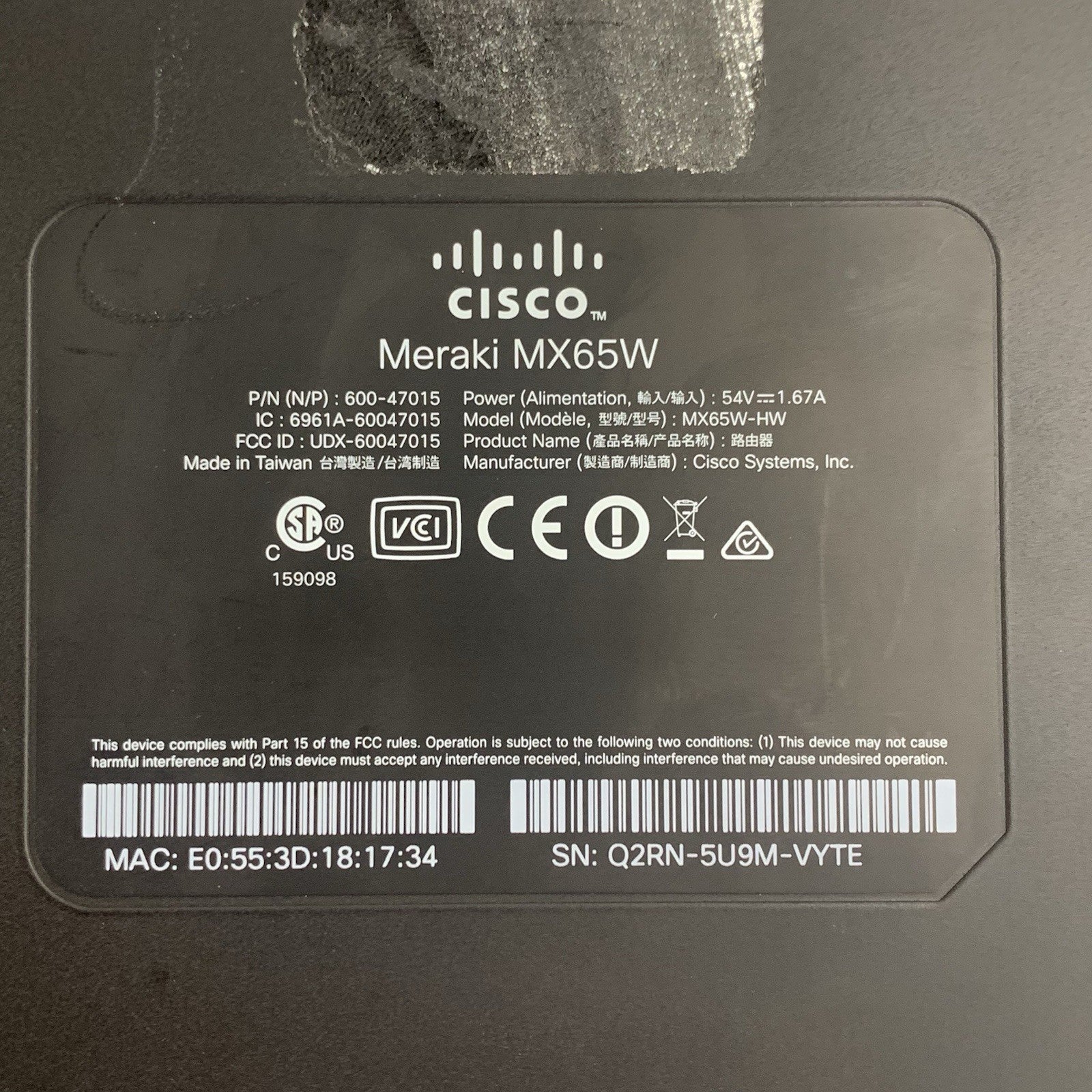 Cisco Meraki MX65W-HW Cloud Managed Security Appliance Tested Unclaimed Reset8