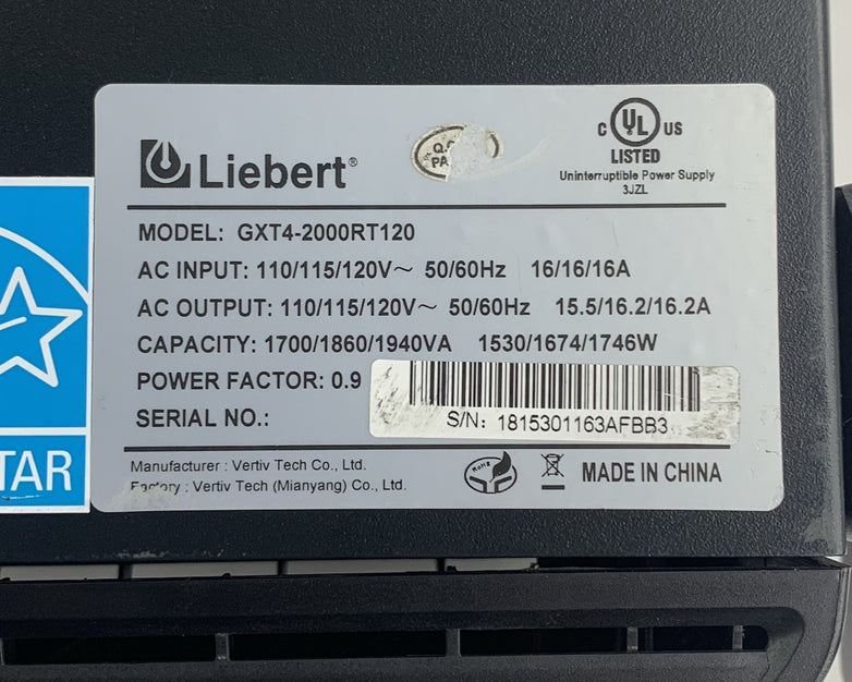 Vertiv Liebert GXT4-2000RT120 125V 20A 1940VA UPS Tested No Batteries IS-Unity