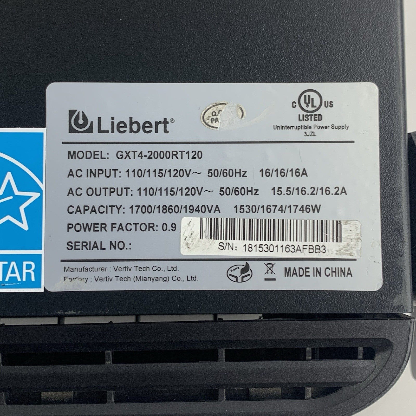 Vertiv Liebert GXT4-2000RT120 125V 20A 1940VA UPS Tested No Batteries IS-Unity2