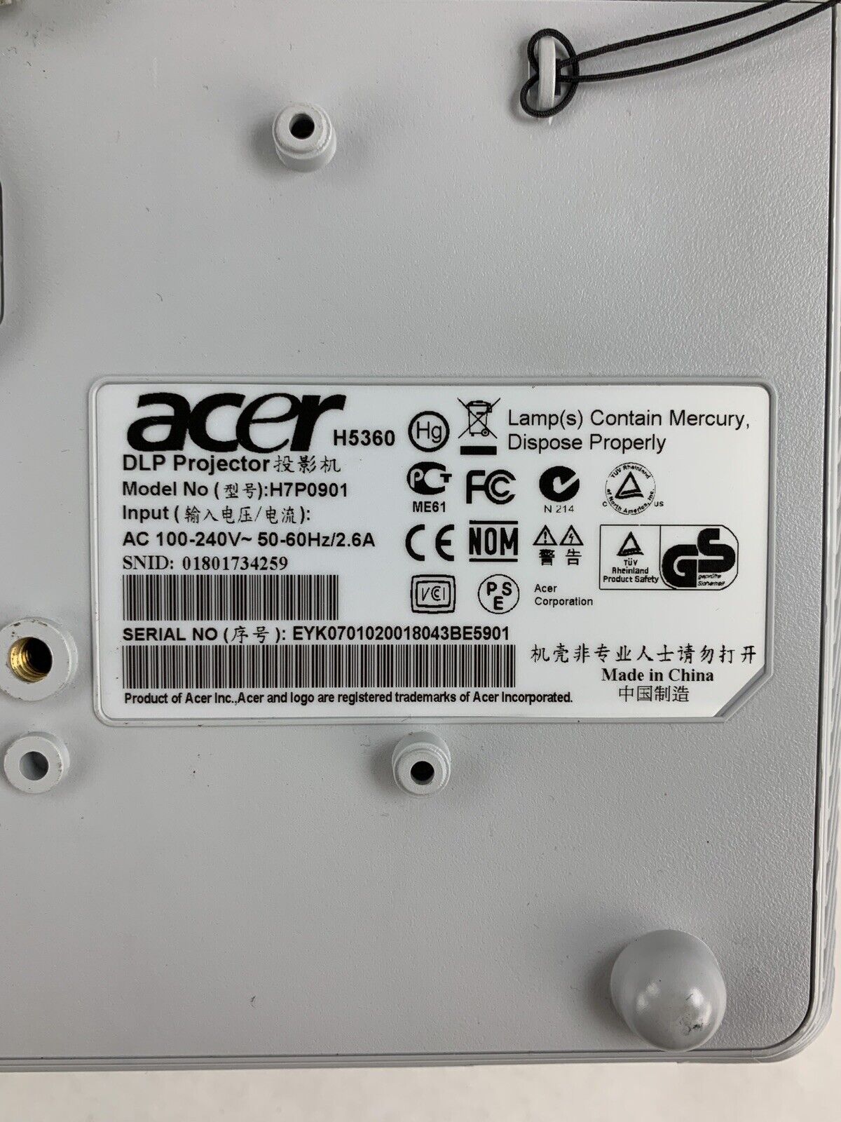 Acer H5360 DLP Projector Tested Powers Displays Has Bad Fans and Parts Repair