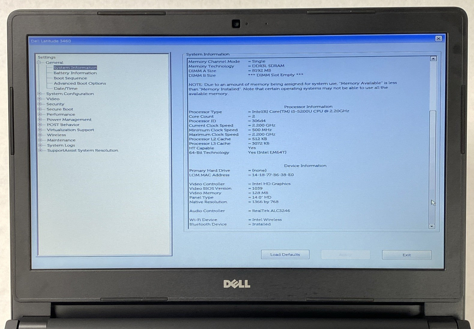 Dell Latitude 3460 Core i5-5200U 2.2GHz 8GB RAM 14.0" No HDD No OS No AC