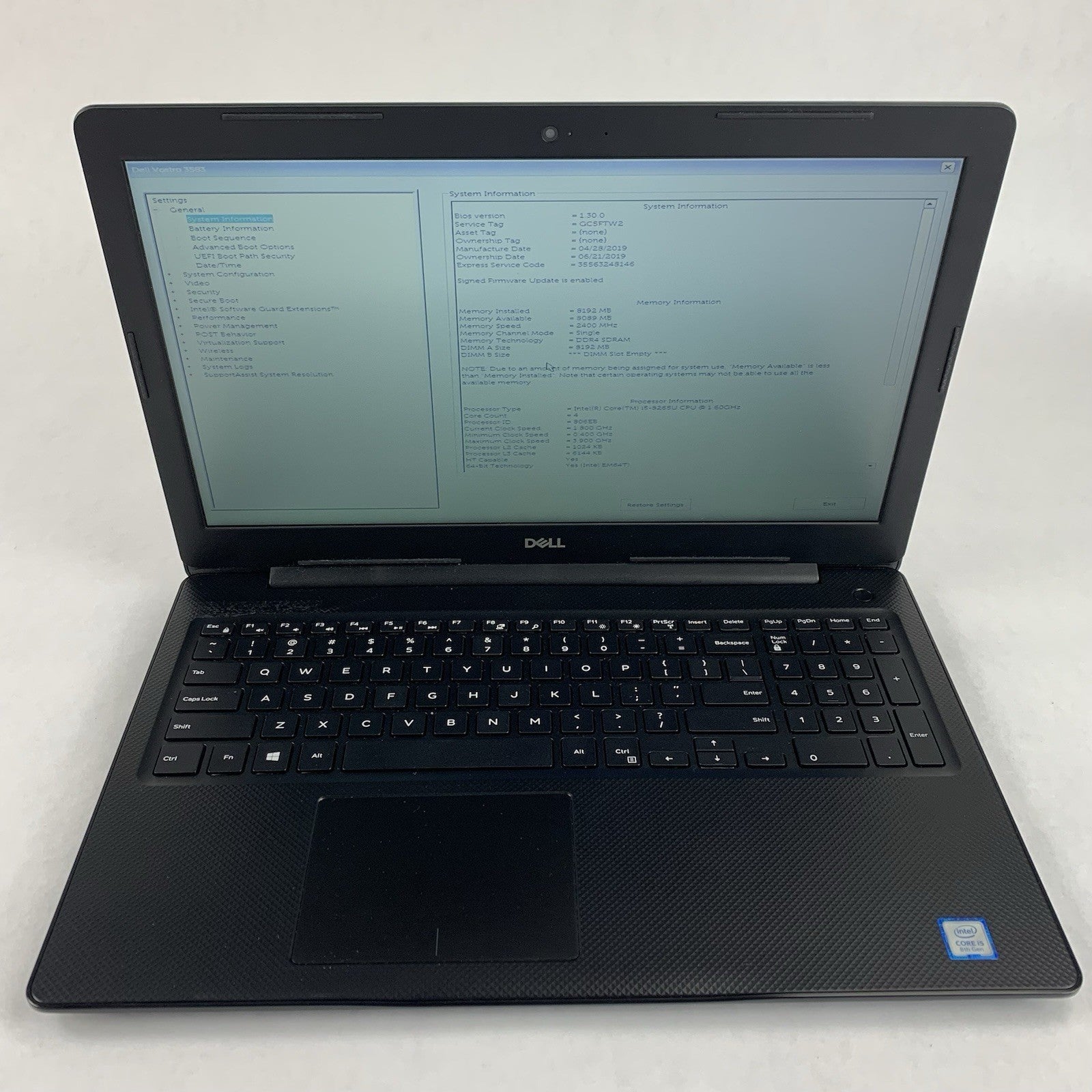 Dell Vostro 3583 15.6" Laptop I5-8265U 1.60 GHz 8 GB RAM No OS/HDD/AC1
