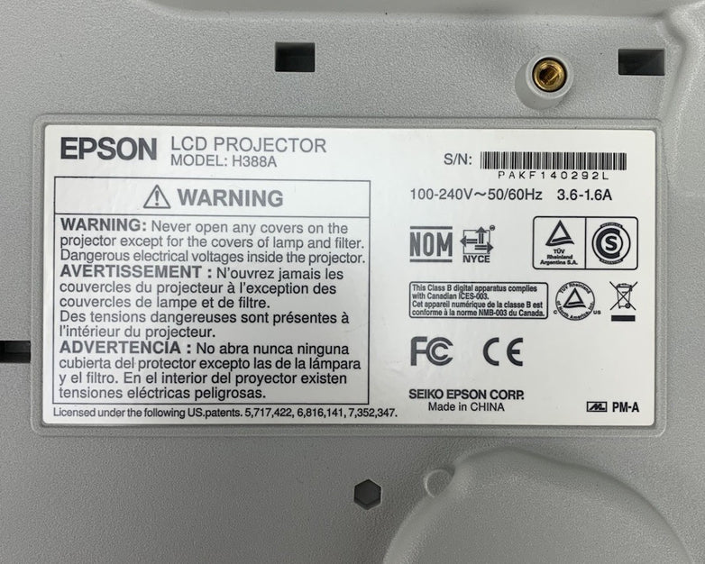 Epson H388A PowerLite 915W Projector 757 Lamp Hours No Remote - Yellow Display