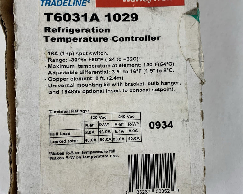 Honeywell T6031A 1029 Refrigeration Temperature Controller -30°F To +90°F UL