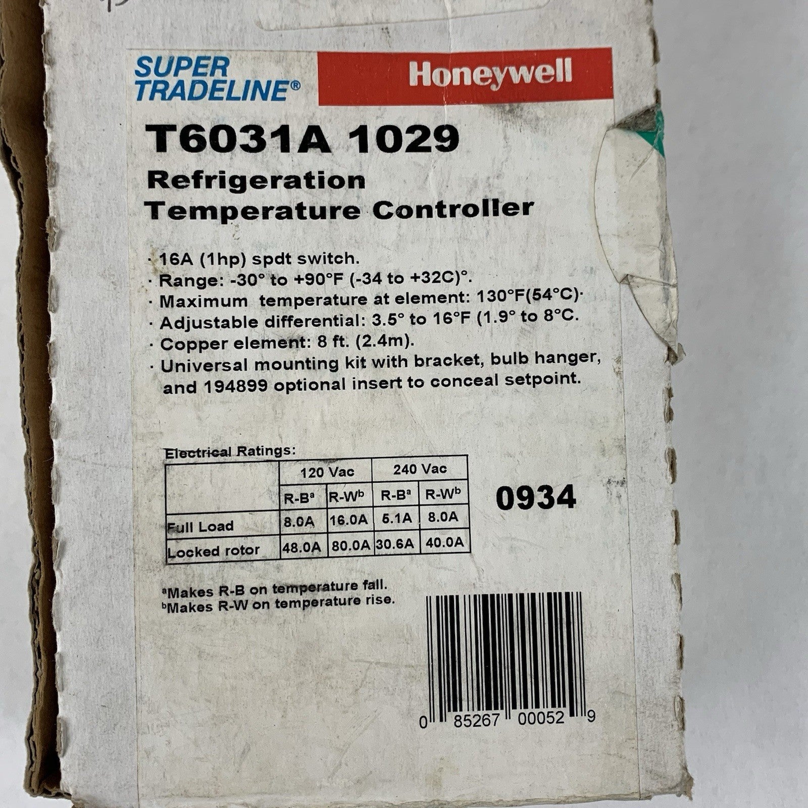 Honeywell T6031A 1029 Refrigeration Temperature Controller -30°F To +90°F UL2