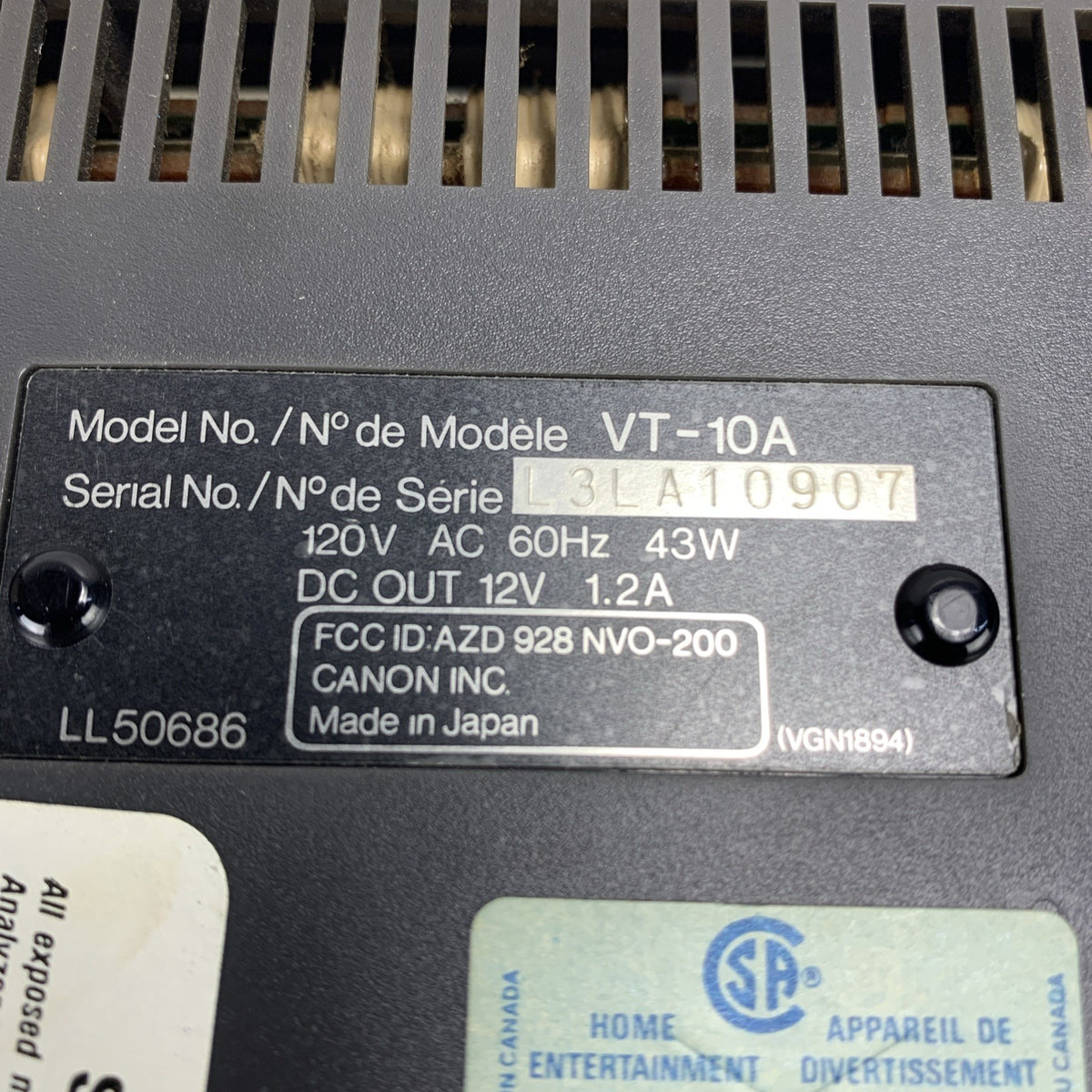 Vintage Canon VT-10A 120V 60Hz 43W Tuner Timer Unit VT-10 9