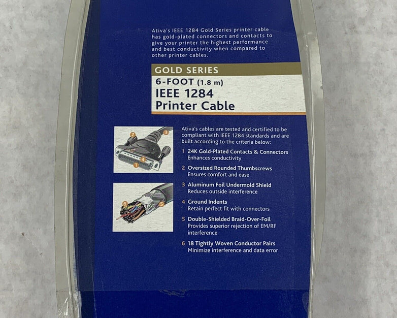 Ativa Gold Series 6 Foot IEEE 1284 Printer Cable 24K Gold-Plated
