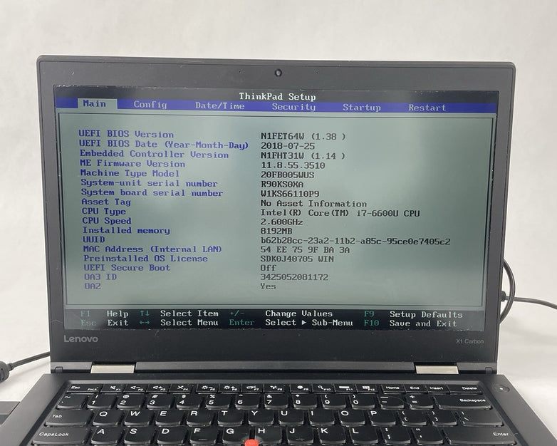 Lenovo ThinkPad X1 Carbon Gen4 14" Core i7-6600U 2.60 GHz 8 GB RAM No HDD No OS