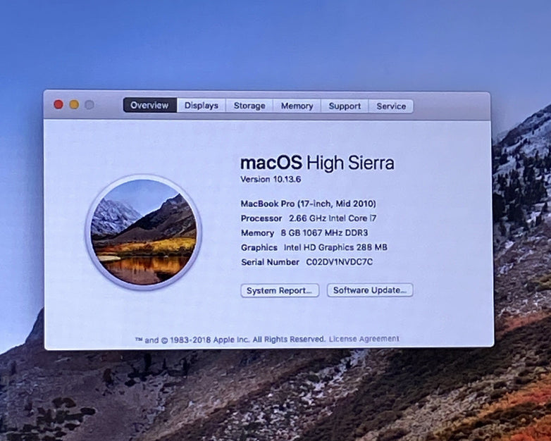 Apple MacBook Pro A1297 2010 17" Core i7 8GB RAM 500GB HDD os10.13.6