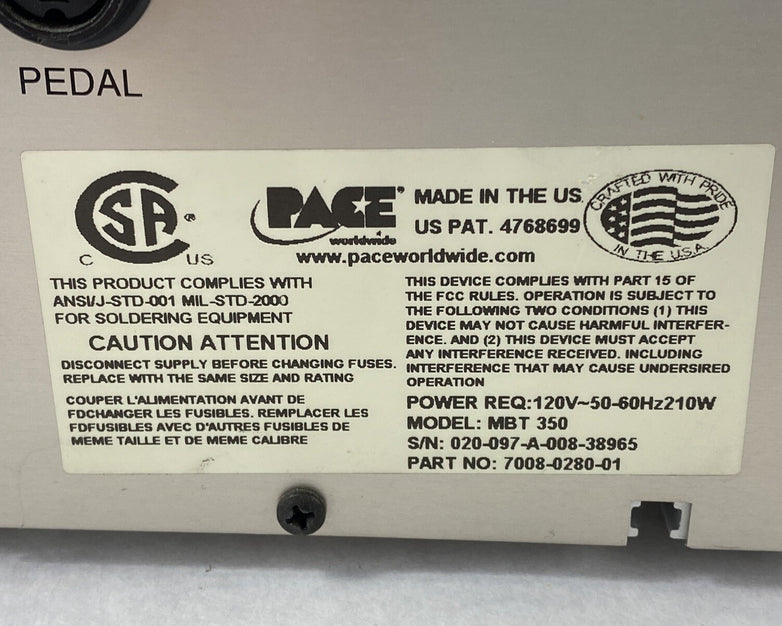 Pace MBT 350 Multi-Channel Soldering Station 120V 50-60Hz 210w Power Tested