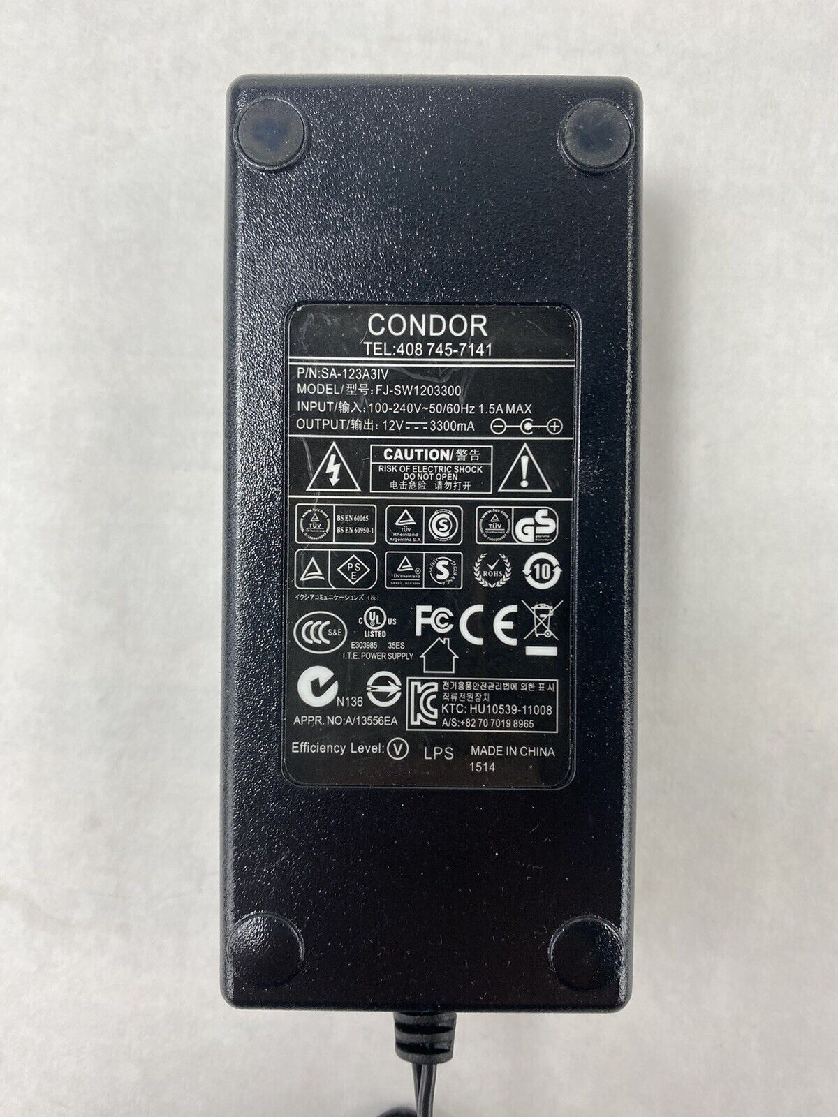 Lot of 4 Condor FJ-SW1203300 SA-123A3IV 12V 3.30A Power Adapter