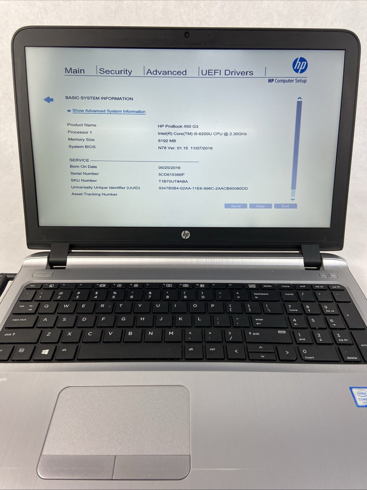 HP ProBook 450 G3 Intel Core i5-6200U 2.3 GHz 8 GB RAM No HDD/No OS