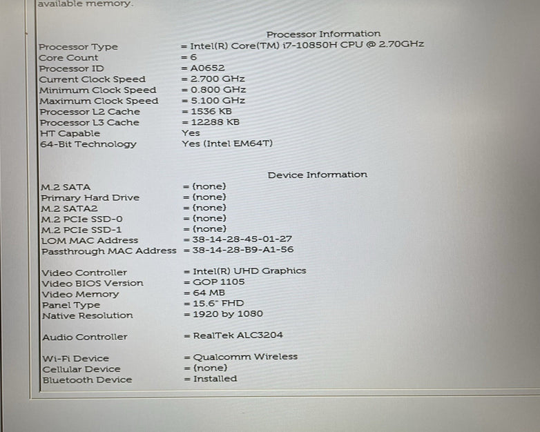 Dell Precision 3551 15.6" i7-10850H 2.70 GHz 16 GB RAM No SSD/OS/AC/Batt - READ