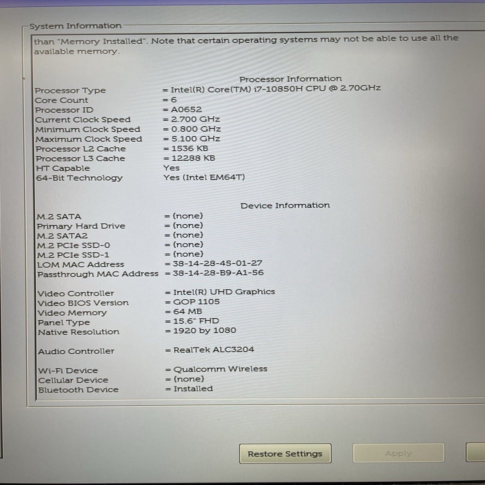 Dell Precision 3551 15.6" i7-10850H 2.70 GHz 16 GB RAM No SSD/OS/AC/Batt - READ3