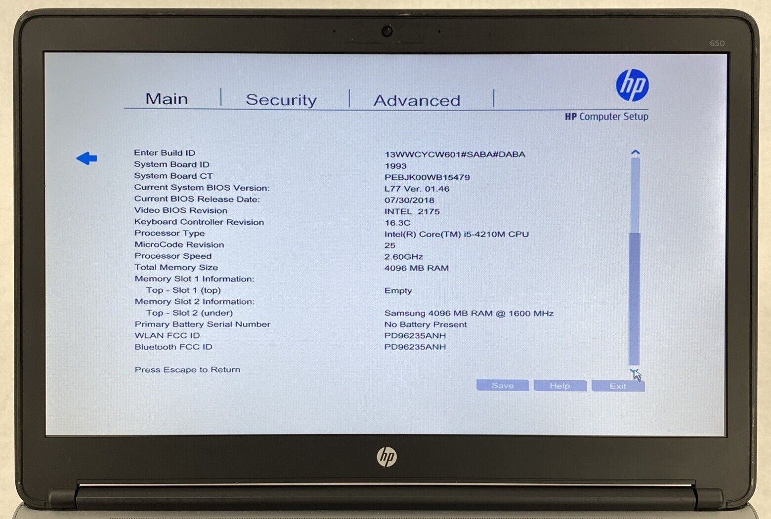 HP ProBook 650 G1 Core i5-4210M 2.60GHz 4GB RAM 15.6" No Battery No HDD No OS