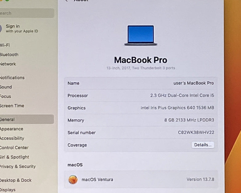 Apple MacBook Pro A1708 2017 Retina 13" 2.3GHz i5 8GB RAM 120GB SSD macOS 13.7.8