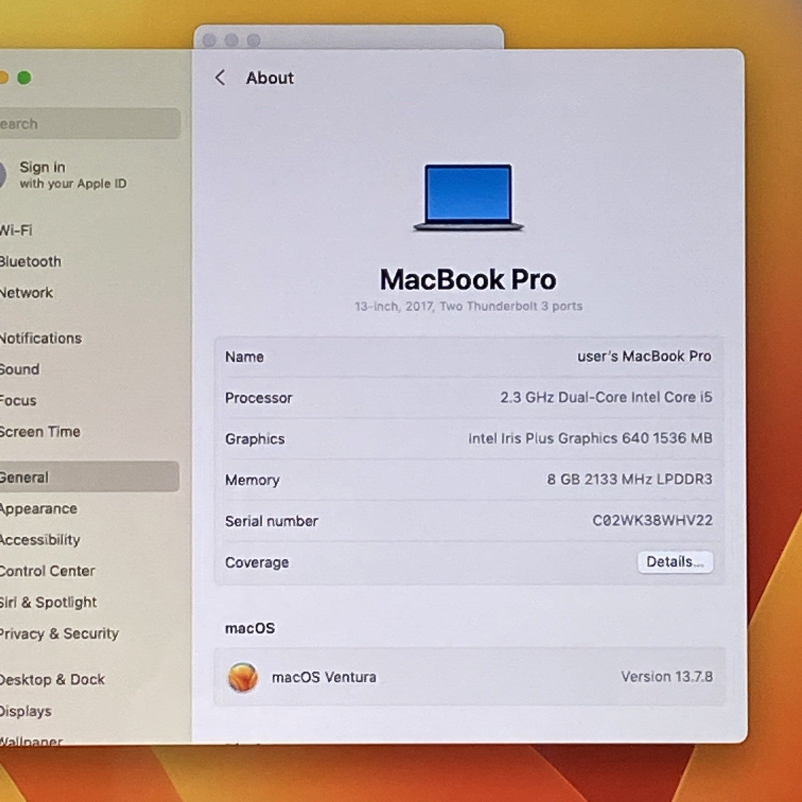 Apple MacBook Pro A1708 2017 Retina 13" 2.3GHz i5 8GB RAM 120GB SSD macOS 13.7.82