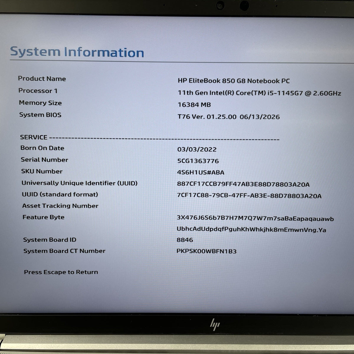 HP EliteBook 850 G8 15.6" i5-1145G7 2.60 GHz 16 GB RAM No SSD/OS/AC/Batt-READ3