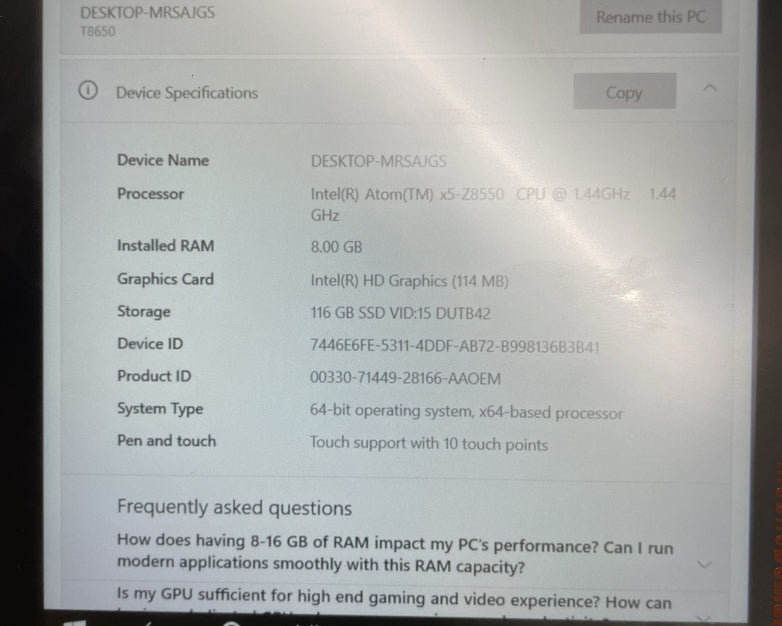 MobileDemand xTablet T8650 Atom x5-Z8550 1.44GHz 8GB RAM 128GB SSD No AC- Tested