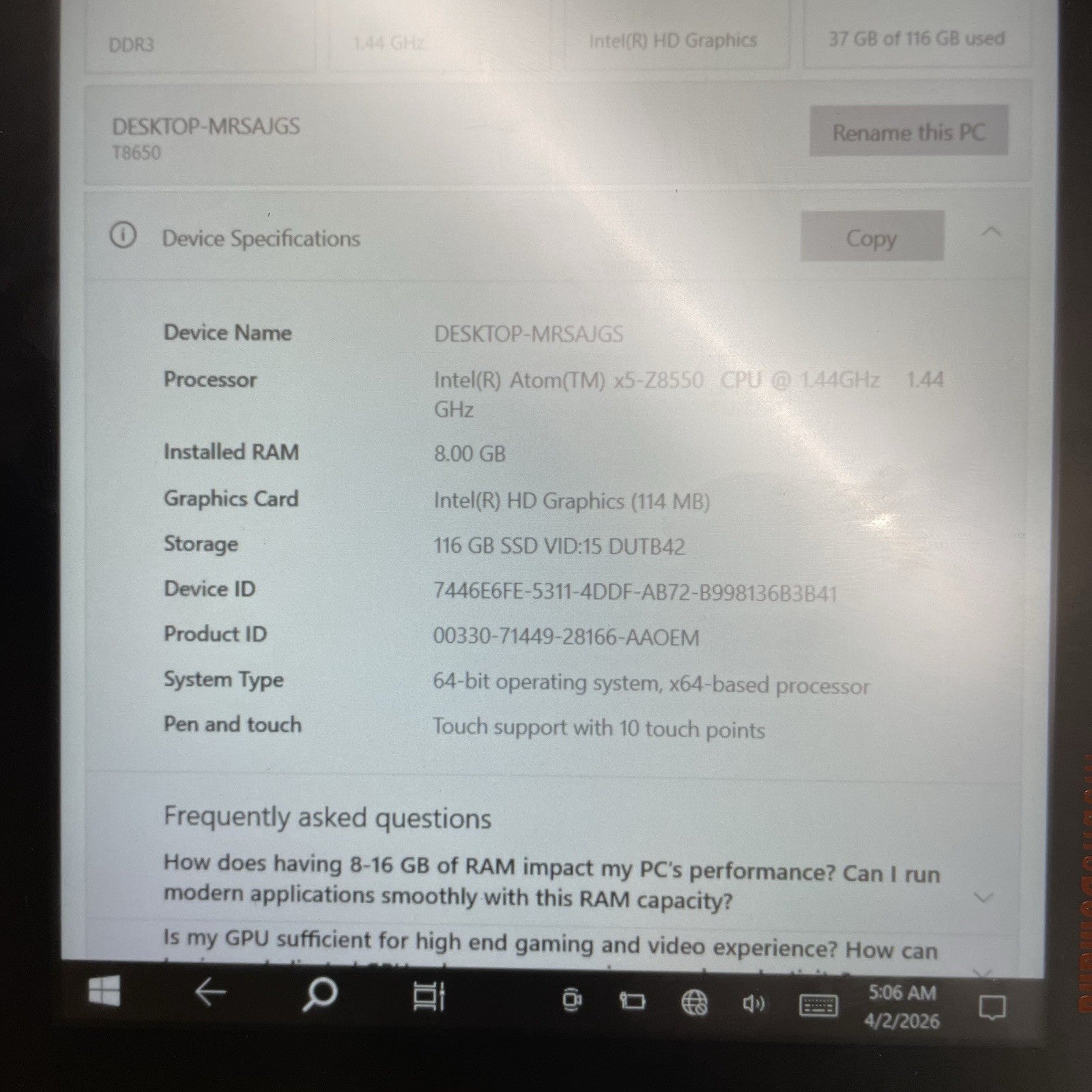 MobileDemand xTablet T8650 Atom x5-Z8550 1.44GHz 8GB RAM 128GB SSD No AC- Tested4