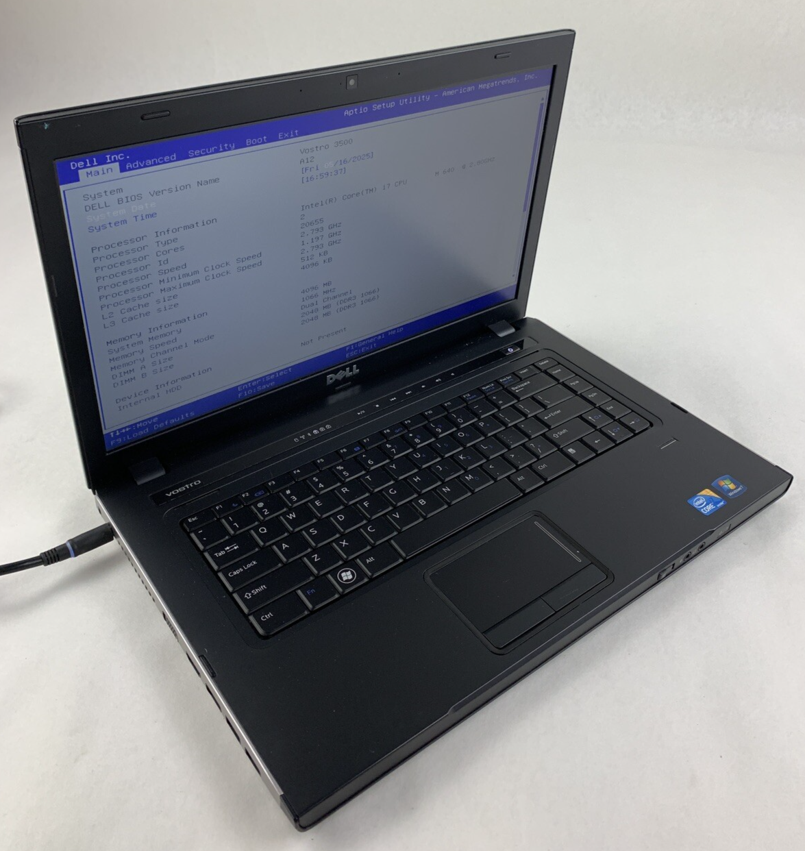 Dell Vostro 3500 Laptop i7 M 640 2.8 GHz 4 GB Ram No OS No HDD No Batt No AC