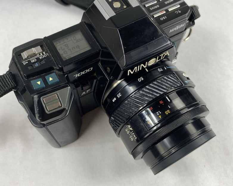 Minolta Maxxum 7000 AF SLR 35mm Film Camera With Extra Lens and Flash Attachment