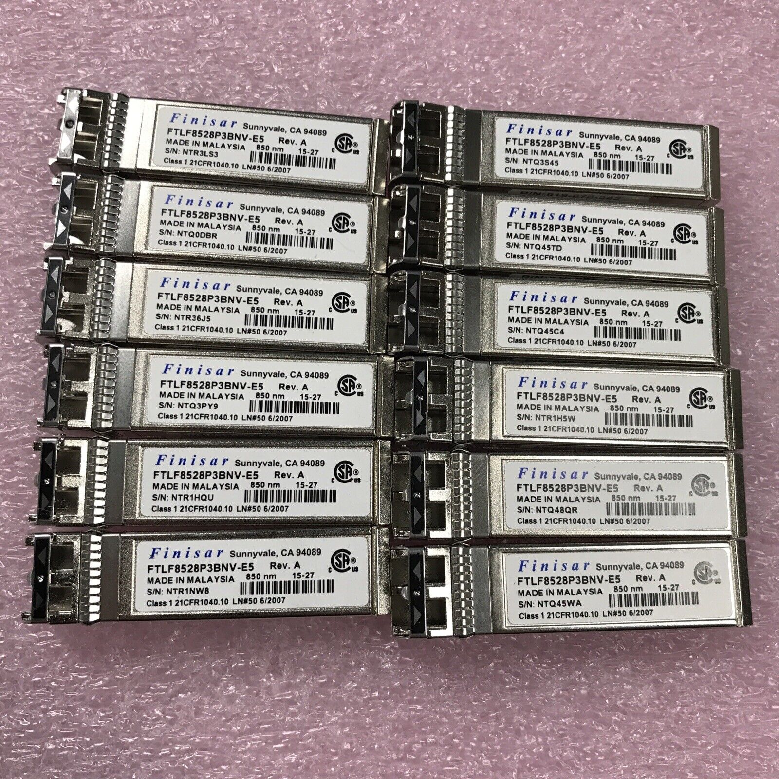 Lot of 12 Finisar FTLF8528P3BNV-E5 8Gb SFP+ 100m SW Fiber Channel 019-078-045