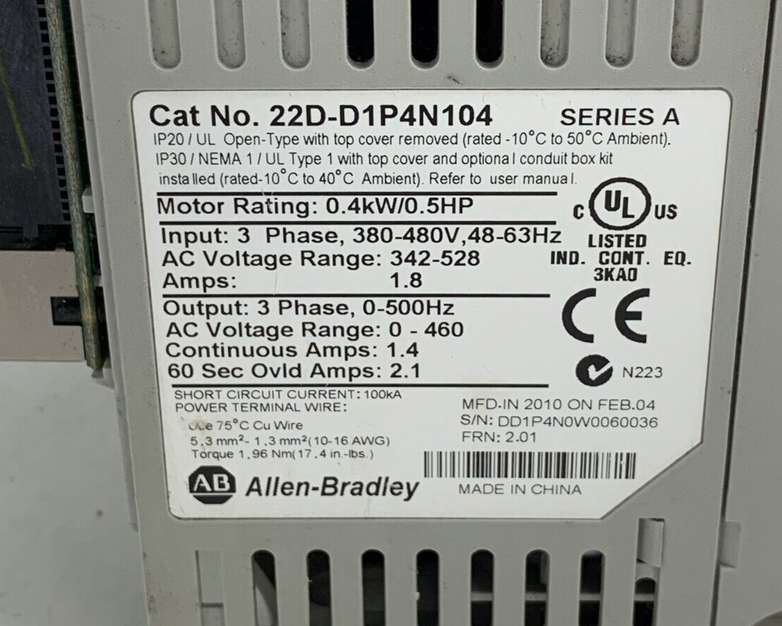Allen Bradley 22D-D1P4N104 PowerFlex 40P AC Drive 0.4W/0.5 380-480V - Untested