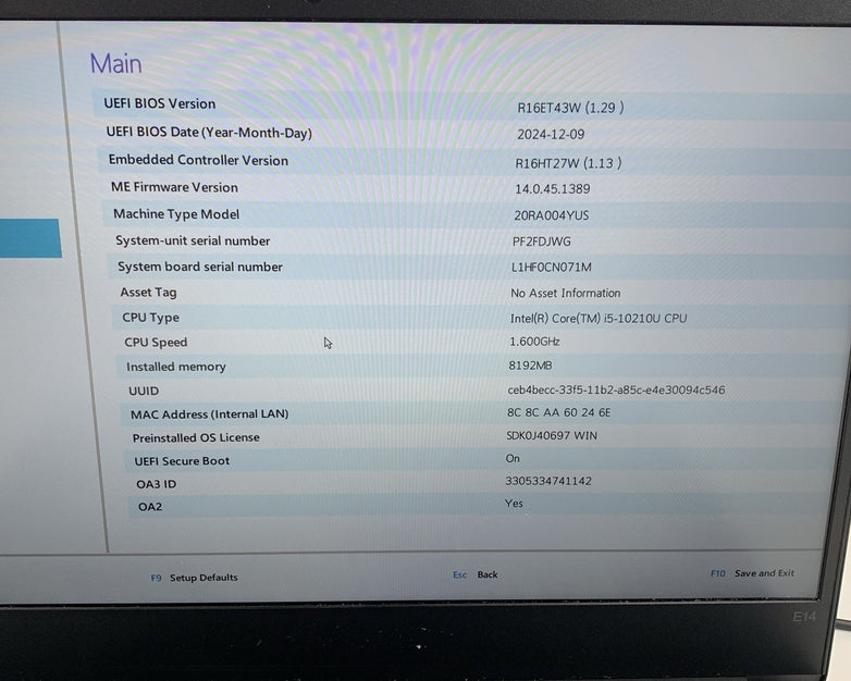 Lenovo ThinkPad E14 14" Gen 1 Laptop i5-10210U 1.6GHz 8 GB RAM No OS/SSD/AC/Batt