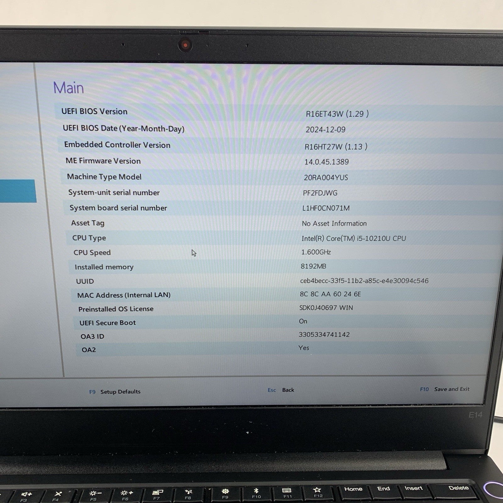 Lenovo ThinkPad E14 14" Gen 1 Laptop i5-10210U 1.6GHz 8 GB RAM No OS/SSD/AC/Batt2