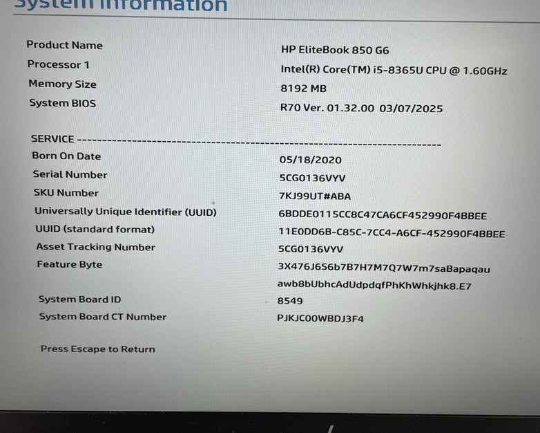 HP EliteBook 850 G6 15.6" i5-8365U 1.60 GHz 8 GB RAM No SSD/OS/AC - Worn Keys