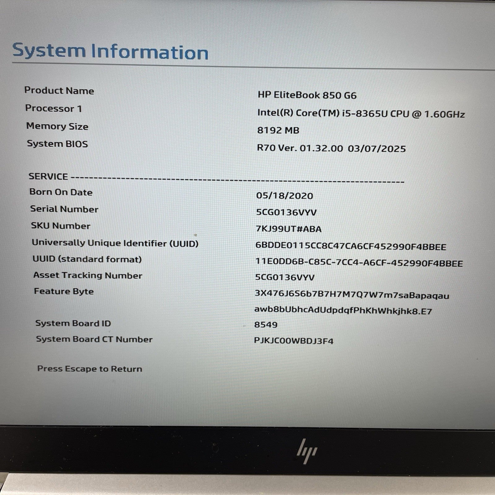 HP EliteBook 850 G6 15.6" i5-8365U 1.60 GHz 8 GB RAM No SSD/OS/AC - Worn Keys3
