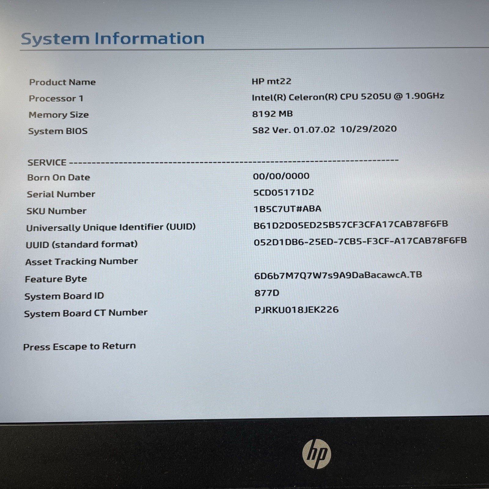 HP mt22 Thin Client 14" Celeron 5205U 1.90 GHz 8 GB RAM No SSD/OS/AC- CMOS2