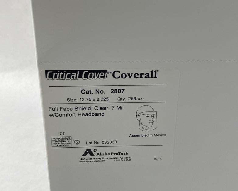 Alpha Protech Critical Cover Coverall 2807 Full Face Shields Clear - Case of 100