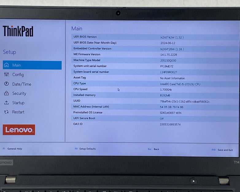 Lenovo ThinkPad T14 Gen 1 i5-10310U 1.70 GHz 8 GB RAM 14" No Batt. No SSD No OS