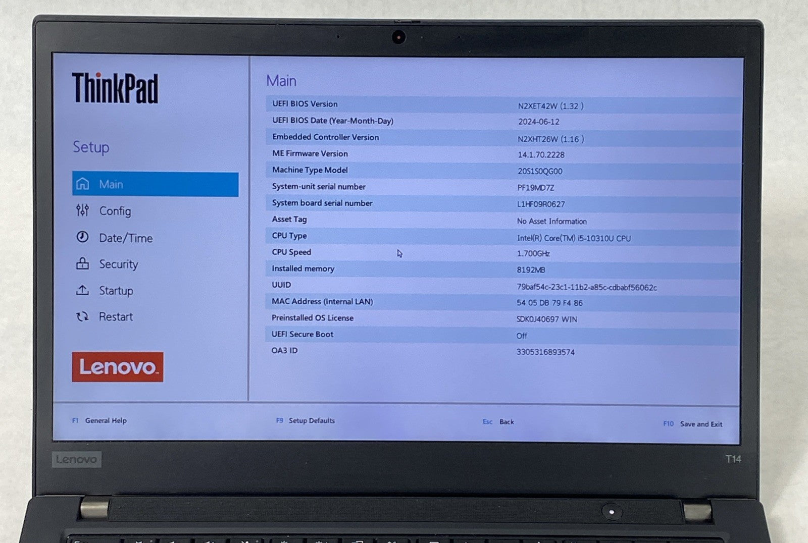 Lenovo ThinkPad T14 Gen 1 i5-10310U 1.70 GHz 8 GB RAM 14" No Batt. No SSD No OS