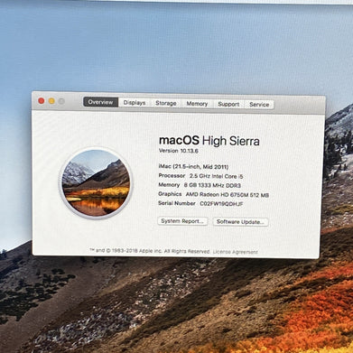 Apple A1311 iMac 2011 21.5" 2.5GHz Core i5 8GB RAM 1TB HDD os10.13.6