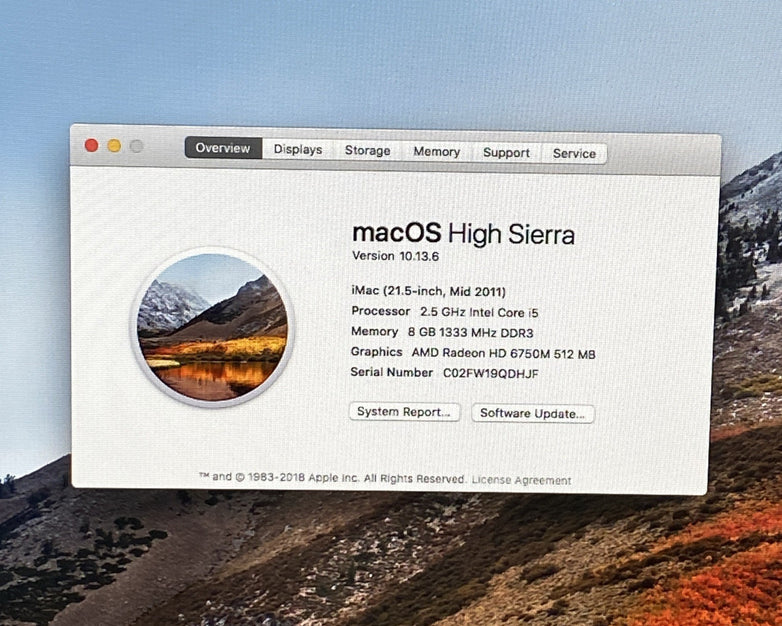 Apple A1311 iMac 2011 21.5" 2.5GHz Core i5 8GB RAM 1TB HDD os10.13.6