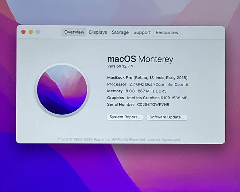 Apple MacBook Pro A1502 2015 Retina 13" i5 8GB RAM 250GB SSD - Service Battery