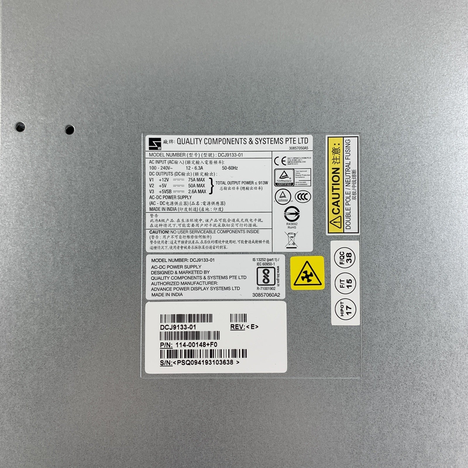 NetApp DCJ9133-01 114-00148+F0 913W 240V Power Supply