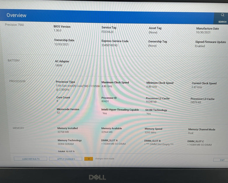 Dell Precision 7560 15.6" i7-11850H 2.50GHZ 32GB RAM No HDD No OS No Batt READ