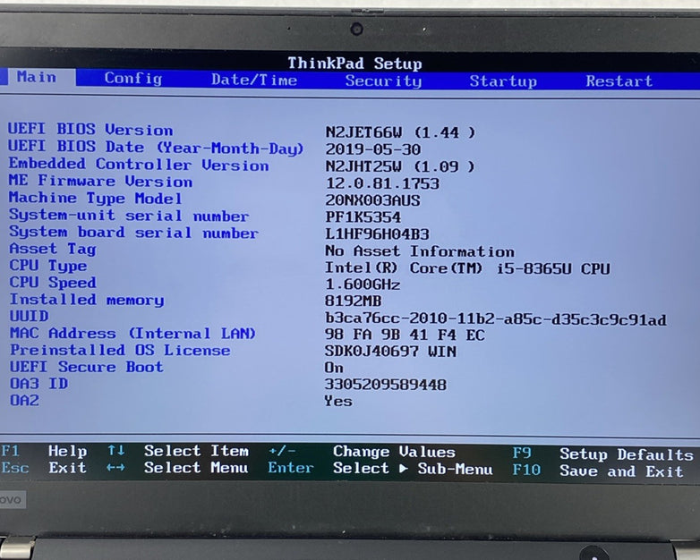 Lenovo ThinkPad T490s Intel Core i5-8365U 1.60GHz 8GB RAM 14.0" No HDD No OS