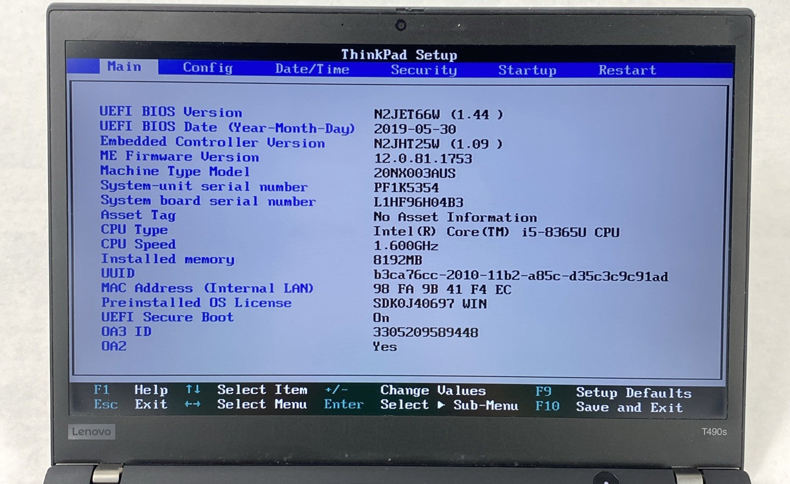 Lenovo ThinkPad T490s Intel Core i5-8365U 1.60GHz 8GB RAM 14.0" No HDD No OS